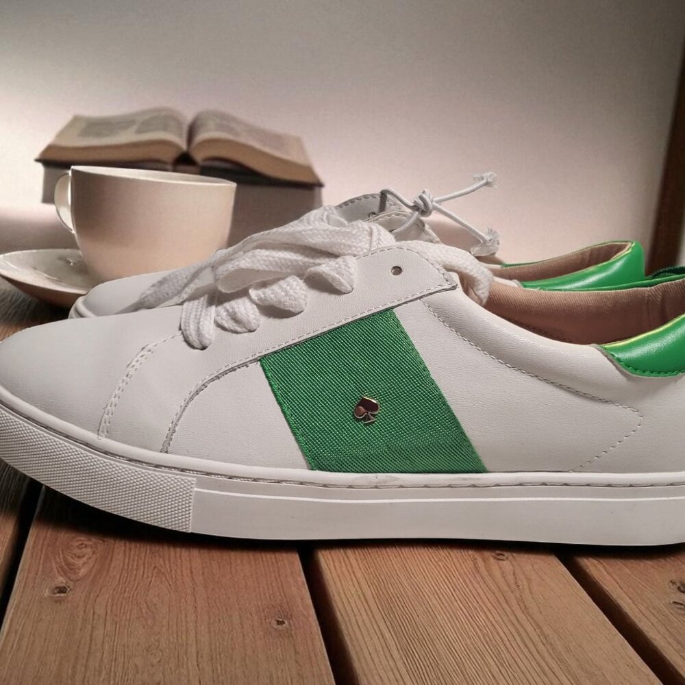 Kate Spade  white LACE green leather sneakers WOMEN size 8.5 - Picture 3 of 5
